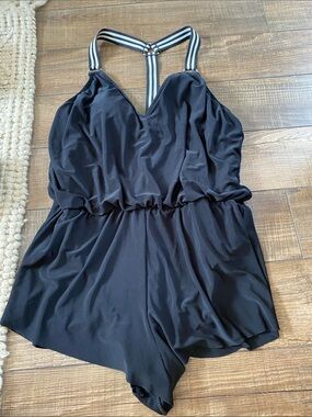 Amazon Black Women’s One-Piece Swim Romper with Striped T-Back